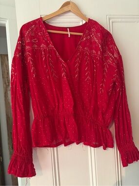 Free People Red Peasant Blouse with Metallic Accents